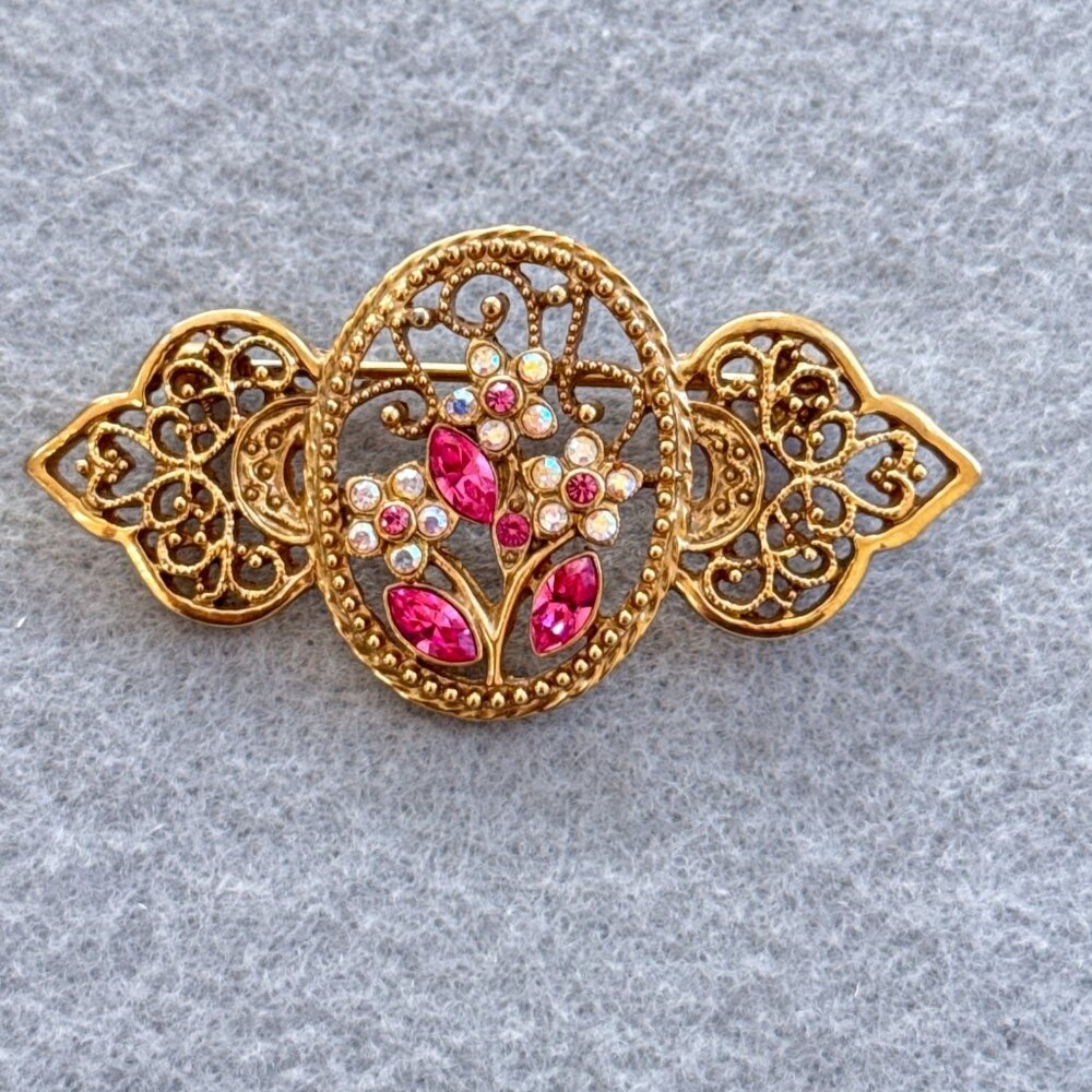 1928 Brooch Pink White Floral Filigree Gold Tone Facetted AB Rhinestones
